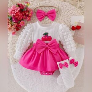 Pink and White Baby Dress with Cherry Design